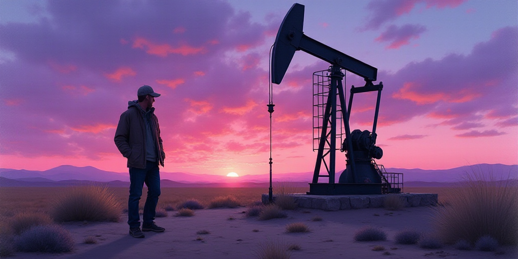 a man standing next to a pump in the desert at sunset with a purple sky behind him and a purple and