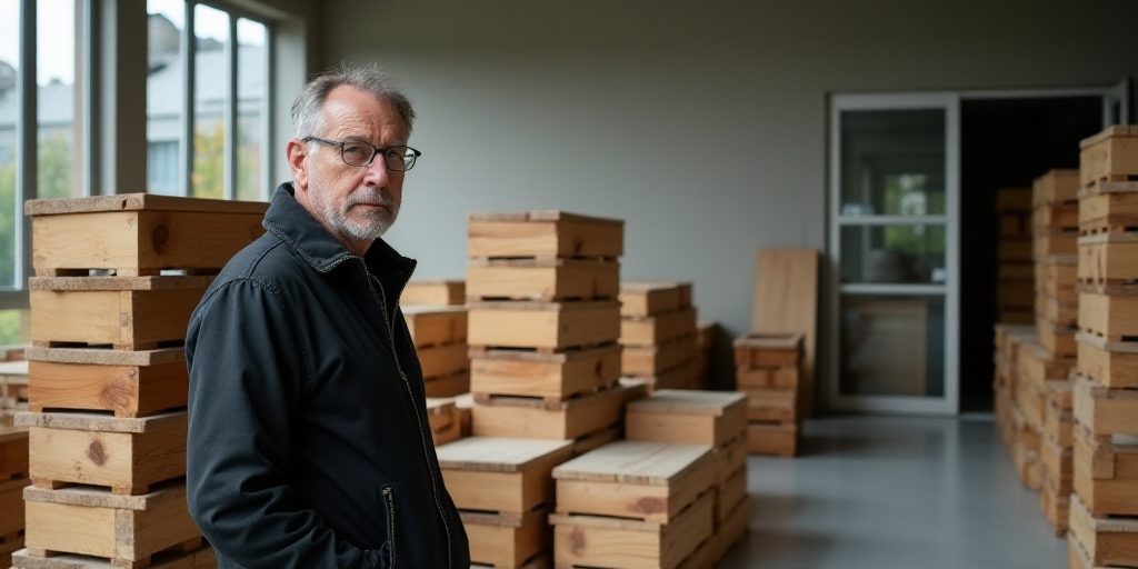 a man standing next to a stack of wooden blocks in a building with a building in the background and