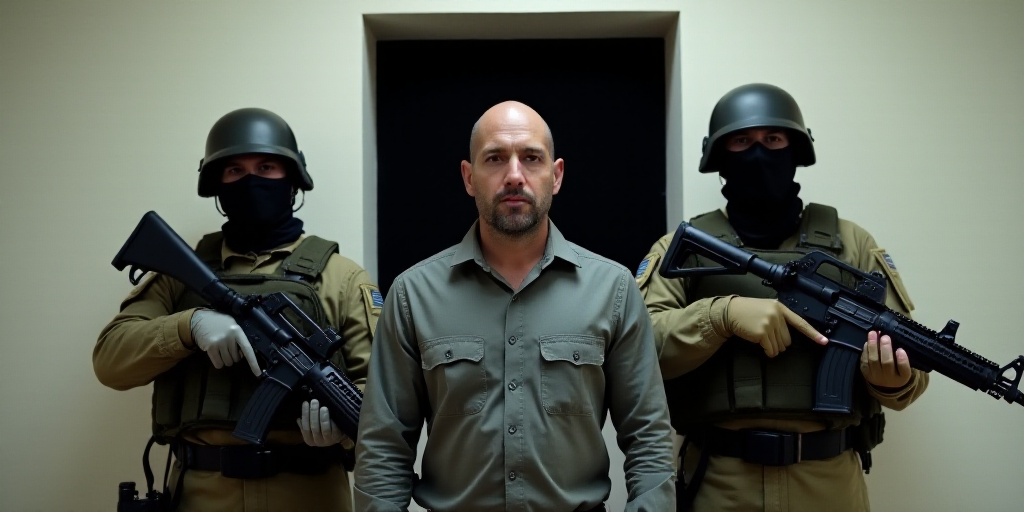 a man standing next to two soldiers wearing face masks and holding guns in front of a wall with a bl