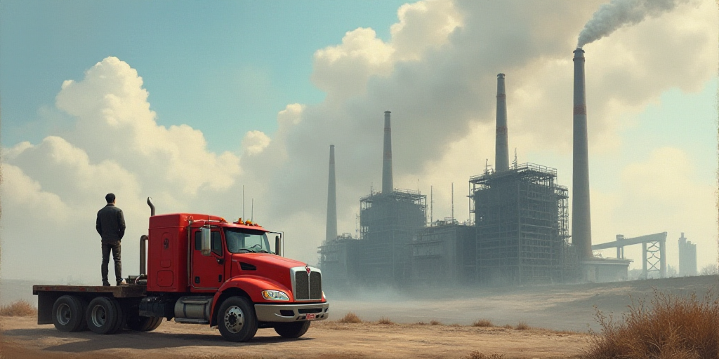 a man standing on a red truck in front of a large factory with smoke pouring out of it's stacks, Cao