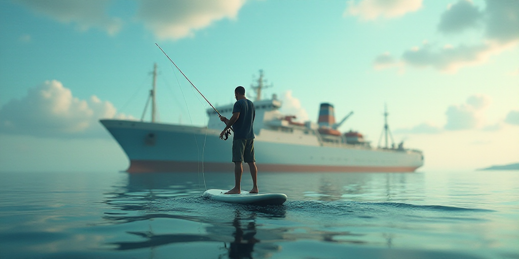 a man standing on a surfboard in the water with a fishing rod in his hand and a large ship in the ba