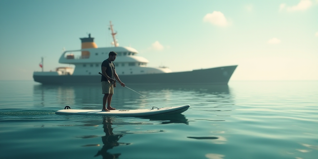 a man standing on a surfboard in the water with a fishing rod in his hand and a large ship in the ba