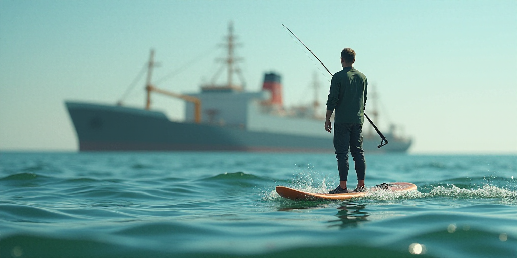 a man standing on a surfboard in the water with a fishing rod in his hand and a large ship in the ba