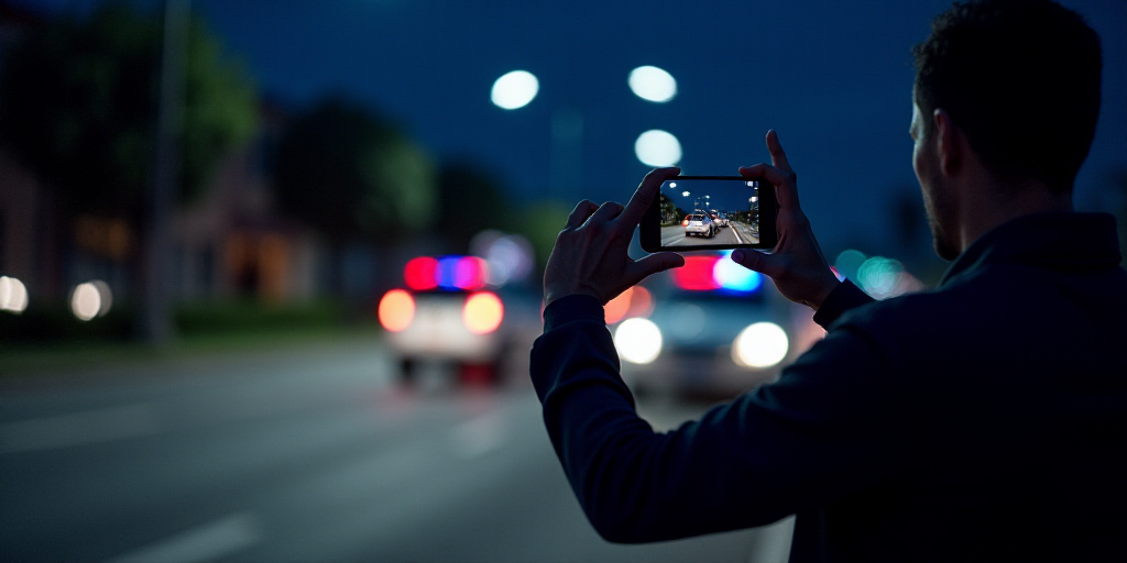 a man taking a picture of a police car at night with his cell phone in his hand and a police car in