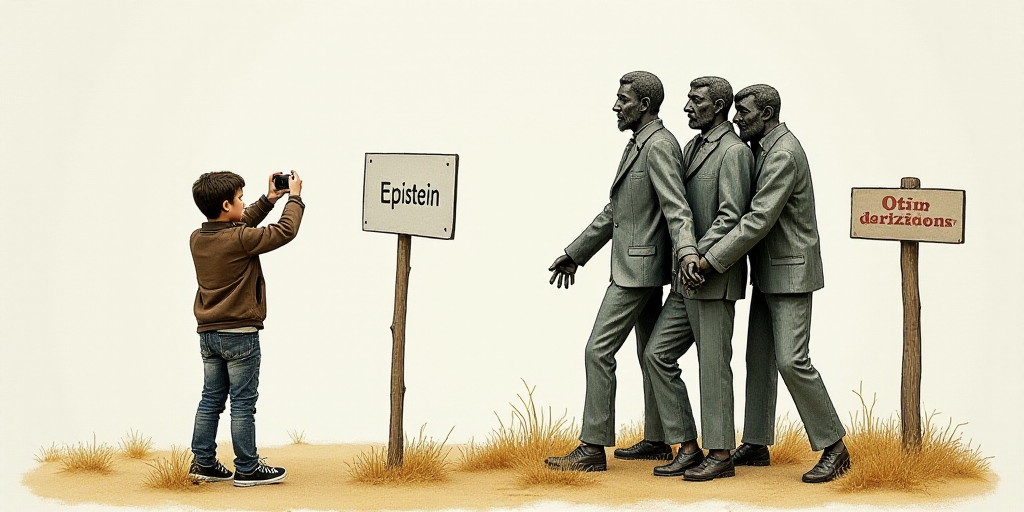 a man taking a picture of a statue of three men holding hands and a sign that says epistein, Edward