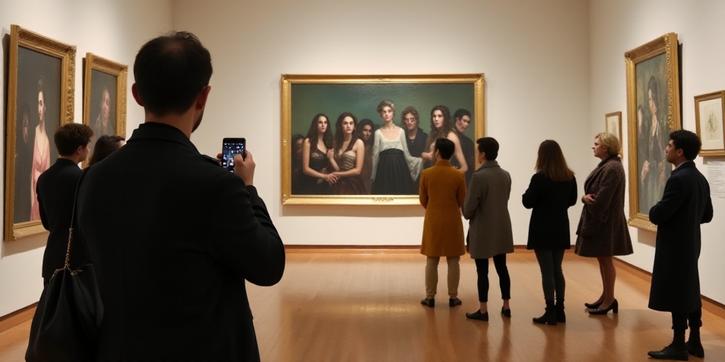 a man taking a picture of a woman with a cell phone in a museum gallery with other people looking at