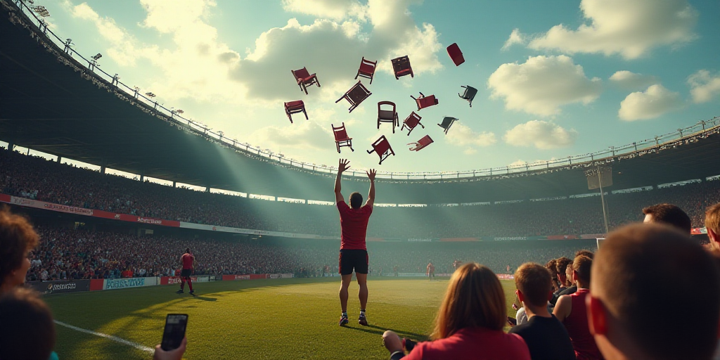 a man throwing chairs in the air at a sporting event with a crowd of people watching from the stands