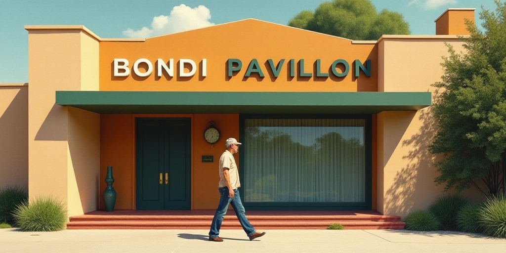 a man walking past a building with a sign on it's front door that says bondi pavillon, Colin McCahon