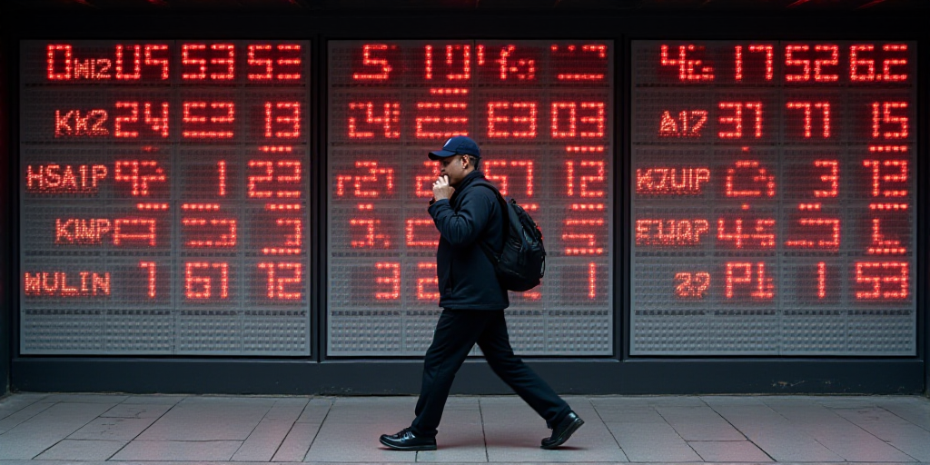 a man walking past a large display of numbers on a wall with a cell phone in his ear and a backpack,