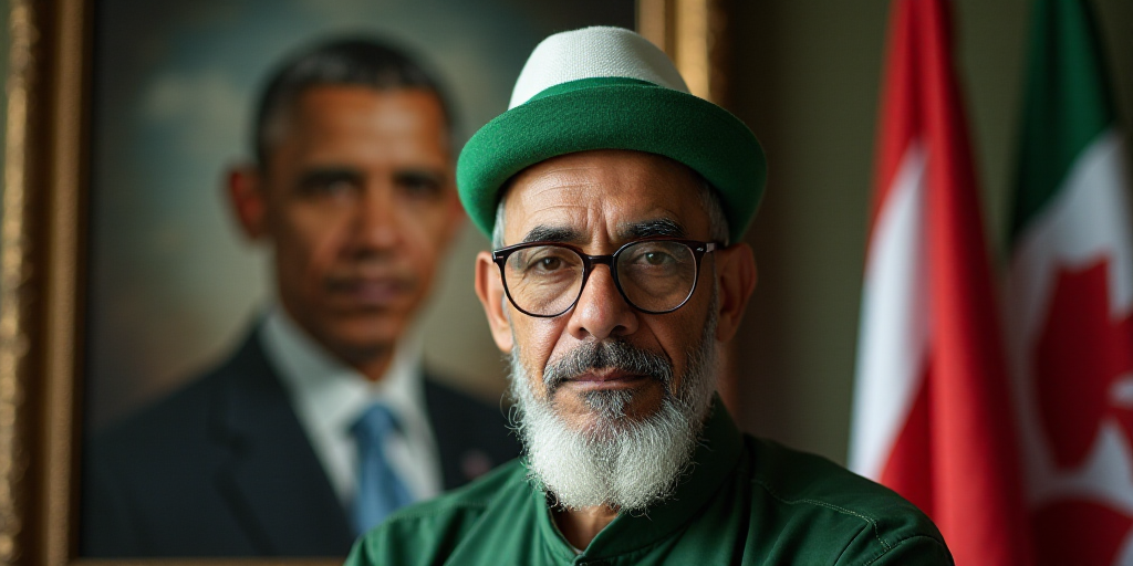 a man wearing a green and white hat and glasses in front of a picture of president obama and a flag,