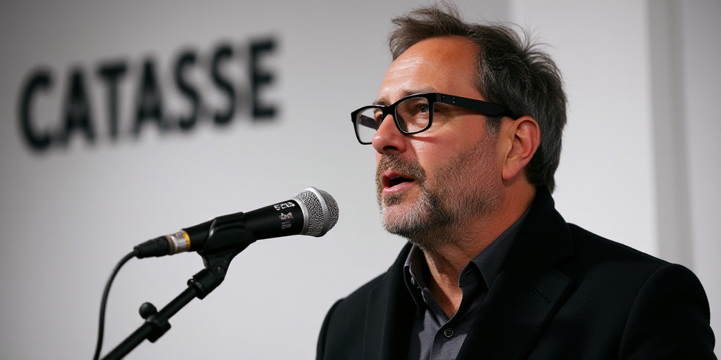 a man wearing glasses and a black jacket is speaking into a microphone with a white background and a
