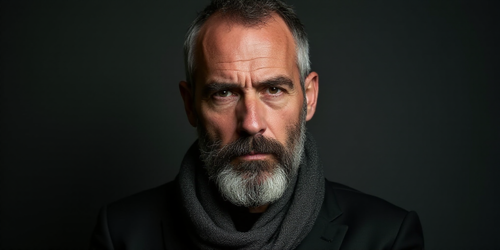 a man with a beard and a scarf around his neck looking at the camera with a serious look on his face