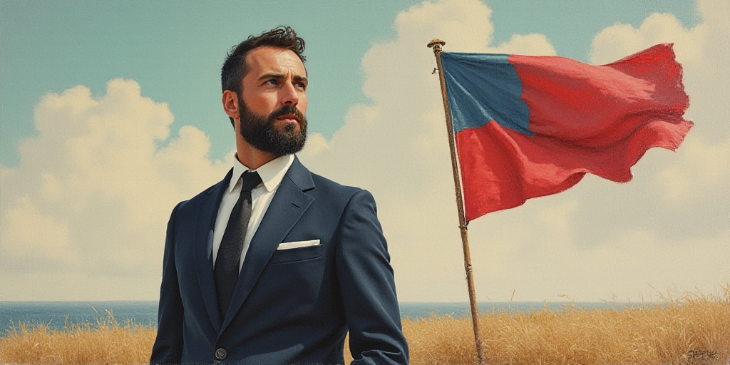 a man with a beard and a suit and tie looking off into the distance with a flag in the background, E