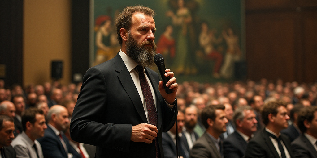a man with a beard and a tie in a crowd of people at a convention or convention hall with a micropho