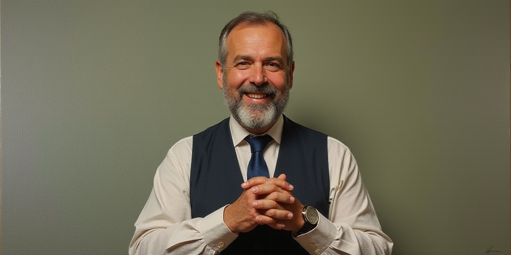 a man with a beard and a tie is smiling for the camera with his hands folded in front of him, Edward