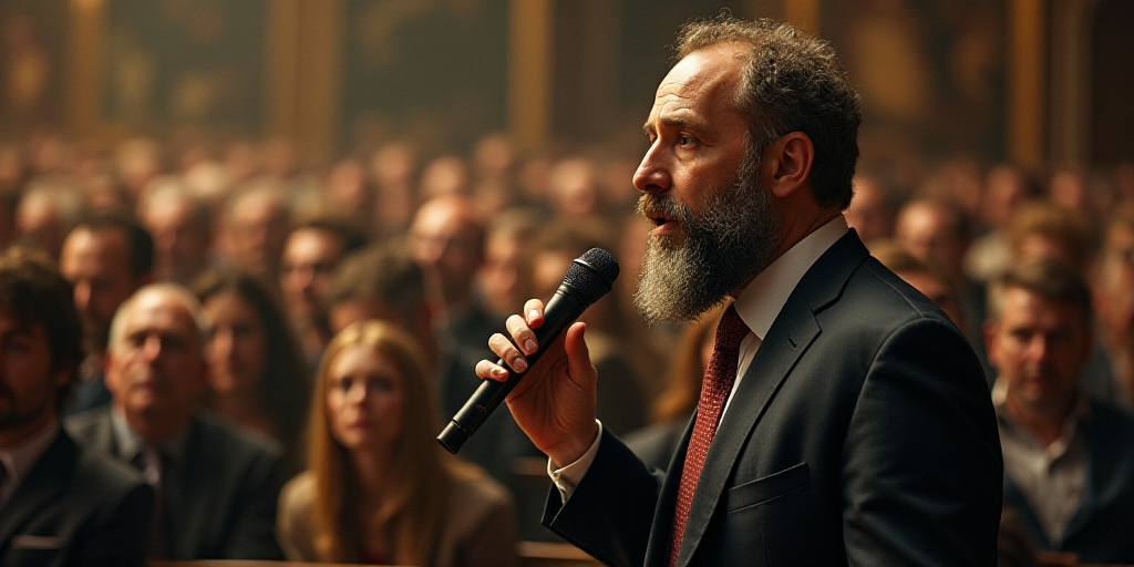 a man with a beard and a tie in a crowd of people at a convention or convention hall with a micropho
