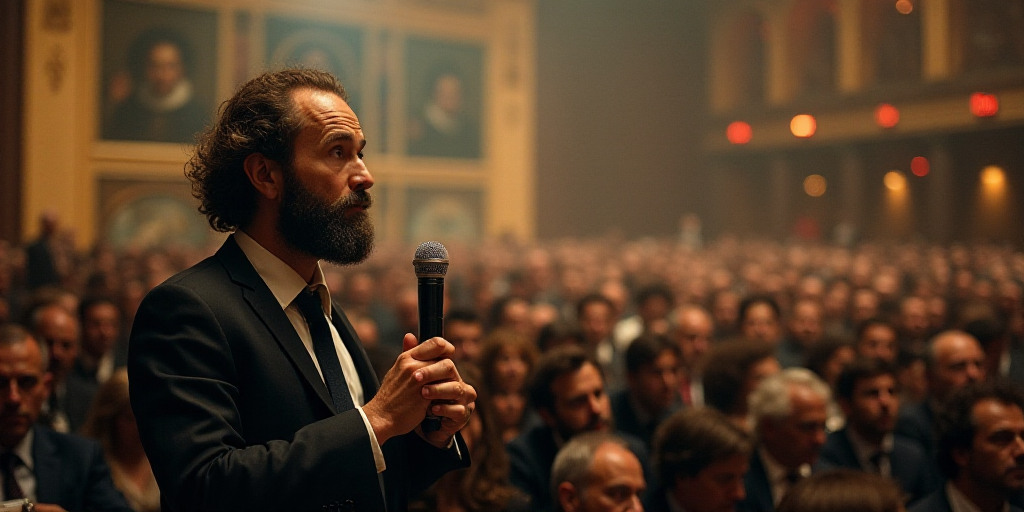 a man with a beard and a tie in a crowd of people at a convention or convention hall with a micropho