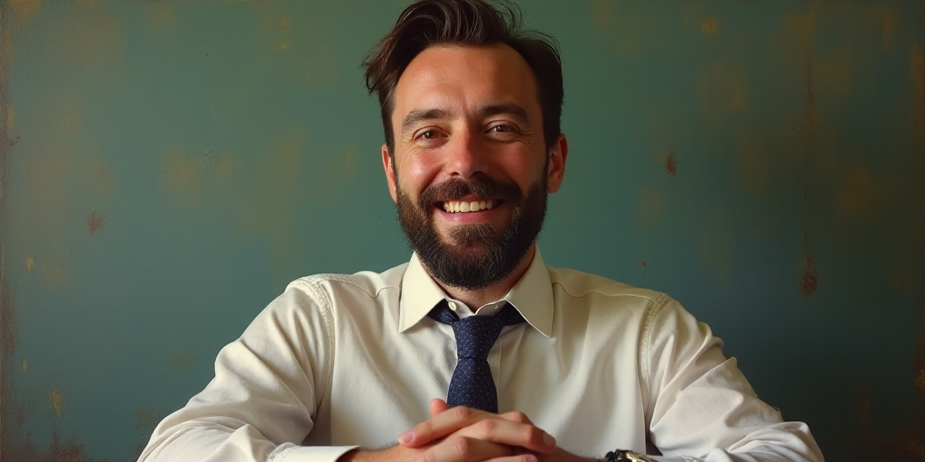 a man with a beard and a tie is smiling for the camera with his hands folded in front of him, Edward