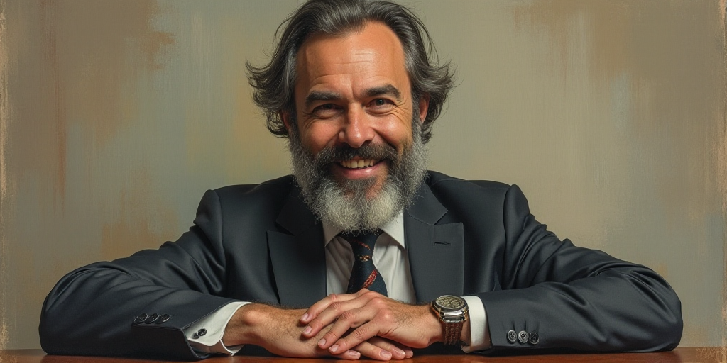 a man with a beard and a tie is smiling for the camera with his hands folded in front of him, Edward