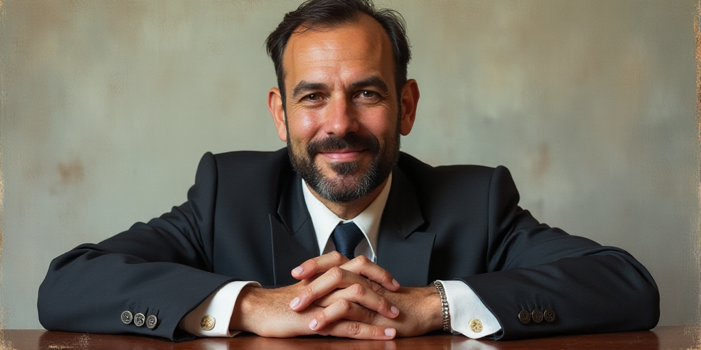 a man with a beard and a tie is smiling for the camera with his hands folded in front of him, Edward