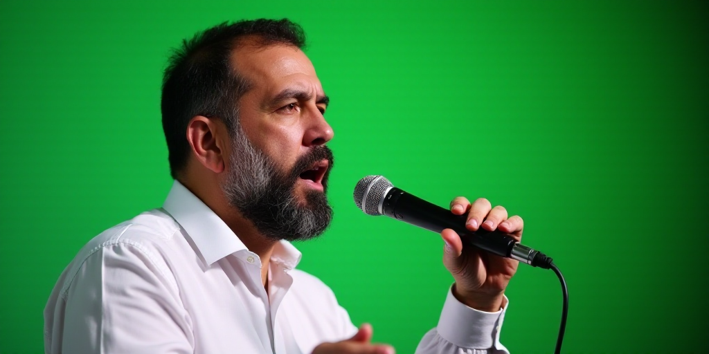 a man with a beard and a white shirt is holding a microphone and speaking into a microphone with a g