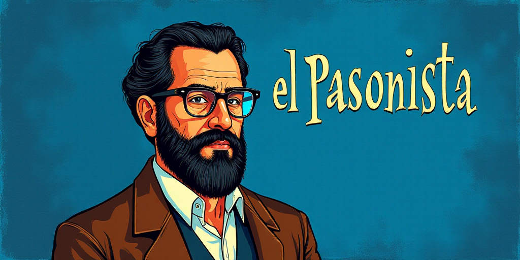 a man with a beard and glasses standing in front of a blue background with the words, el pasonista,