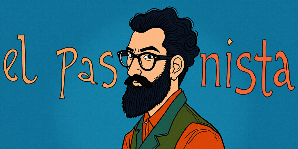 a man with a beard and glasses standing in front of a blue background with the words, el pasonista,