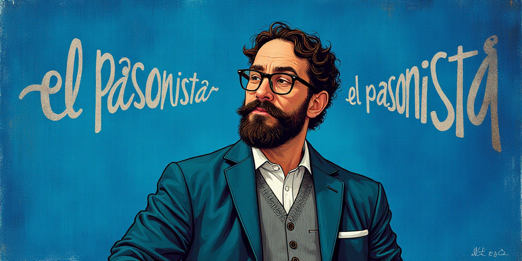 a man with a beard and glasses standing in front of a blue background with the words, el pasonista,
