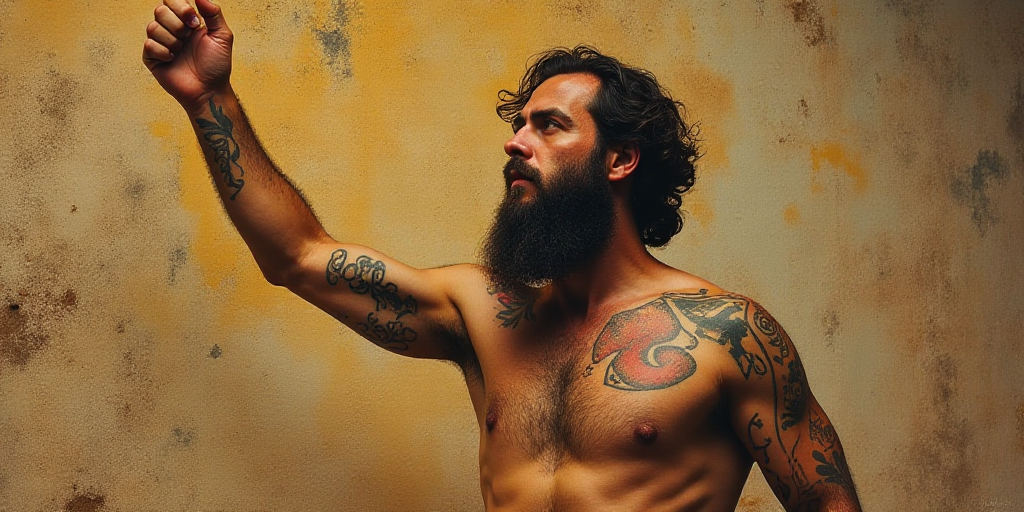 a man with a beard and tattoos on his arm raises his hand up in the air to the side, Carles Delclaux