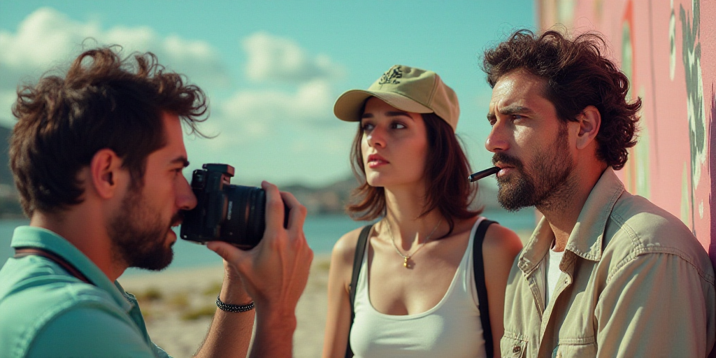 a man with a camera taking a picture of another man with a cell phone in his mouth and a woman with