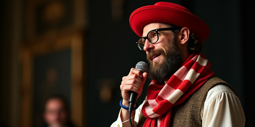 a man with a red hat and glasses holding a microphone and a microphone cord in his hand and a red an