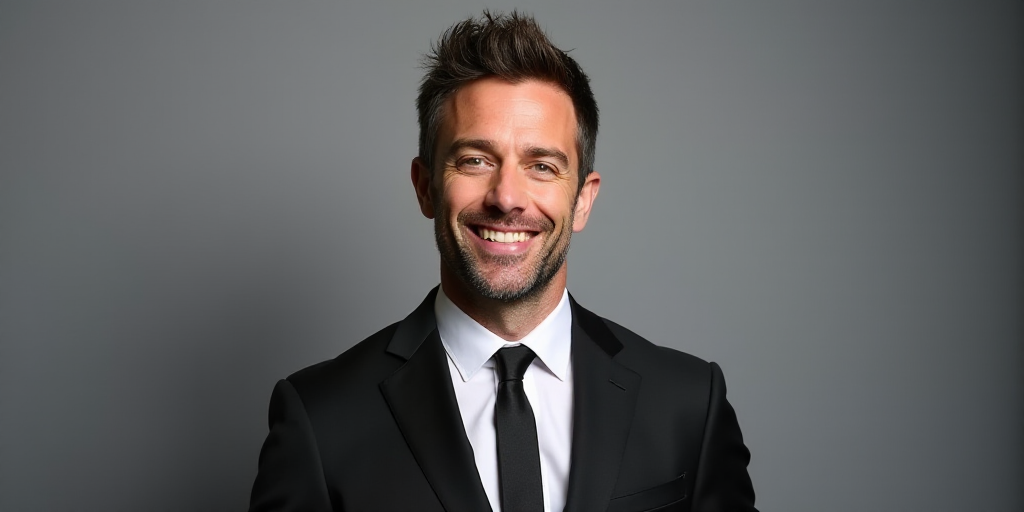 a man with a suit and tie smiling for the camera at a tv awards event in front of a grey background,