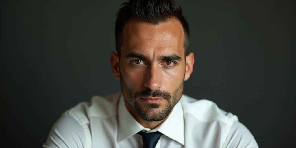 a man with a white shirt and a tie on his neck looking at the camera with a serious look on his face