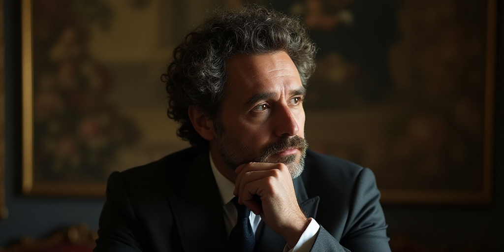 a man with curly hair and a suit looks off to the side with his hand on his chin and his chin restin