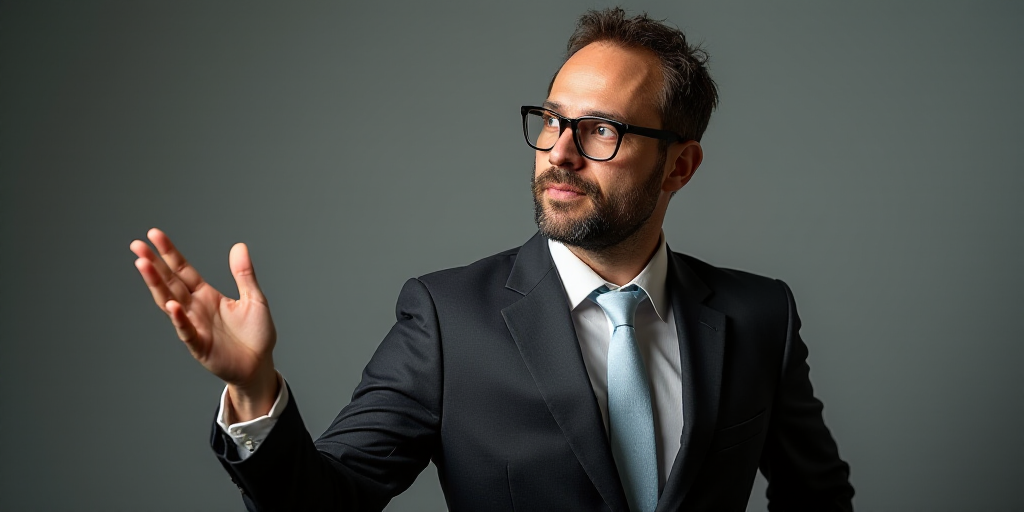 a man with glasses is making a gesture with his hand while wearing a suit and tie and glasses and a