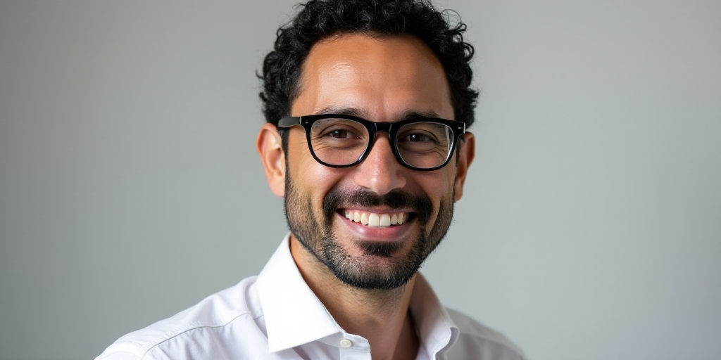 a man with glasses is smiling for the camera while wearing a white shirt and black glasses and a whi