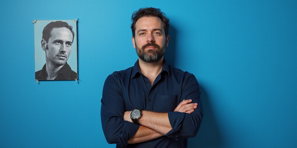 a man with his arms crossed standing in front of a blue background with a black and white photo of h