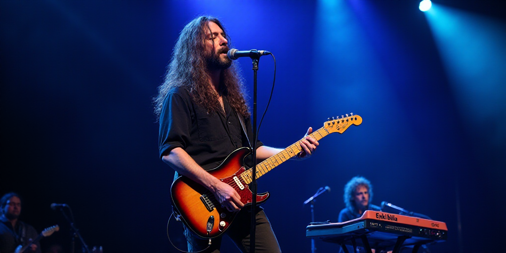 a man with long hair playing a guitar on stage at a concert with a keyboard in front of him, Enki Bi