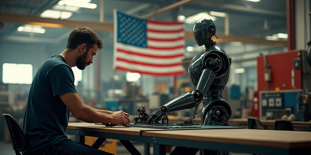 a man working on a machine in a factory with american flag in the background and a flag hanging from