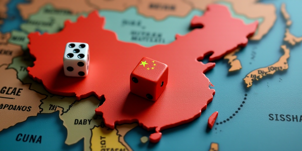 a map of china with a dice and a flag on it and a map of the united states in the background, Cui Ba