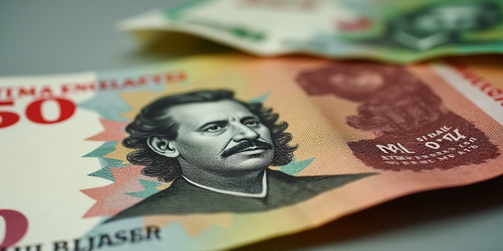 a mexican currency with a portrait of a man on it and a pile of bills in the background with a few b