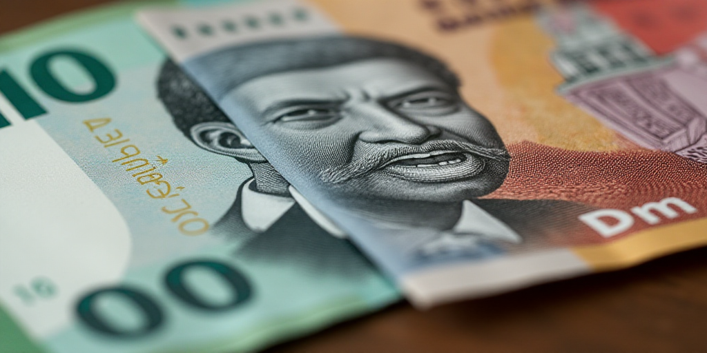 a mexican currency with a portrait of a man on it and a pile of bills in the background with a few b