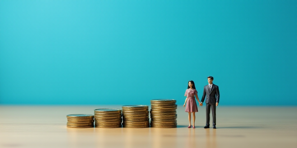a miniature man and woman standing in front of stacks of coins on a table with a blue background and