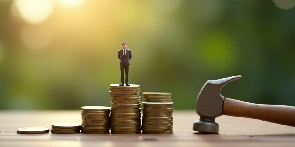 a miniature man standing on top of a pile of coins next to a pile of coins with a hammer, Andries St