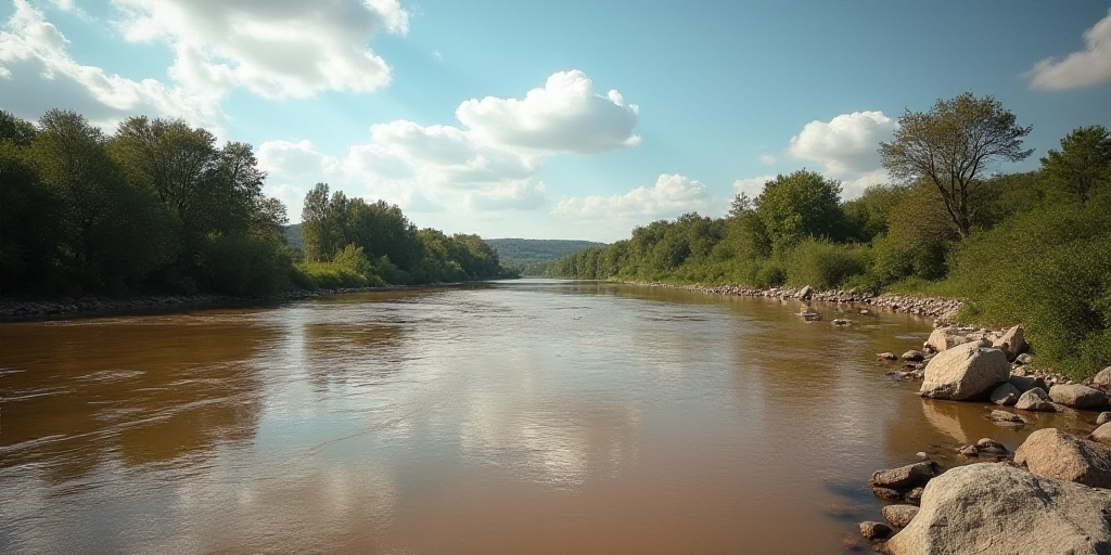 a muddy river with a few rocks and trees in the background and a sky with clouds in the middle, Cefe