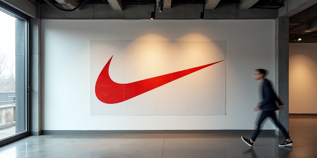 a nike logo is displayed on a wall in a building with a person walking by it in the background, Davi