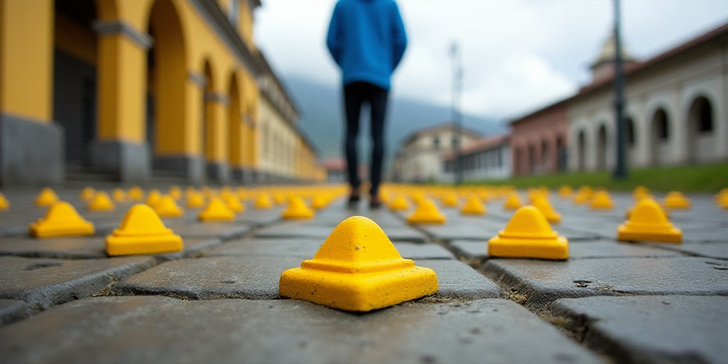 a number of yellow markers are on the ground near a person standing in the distance with a blue jack