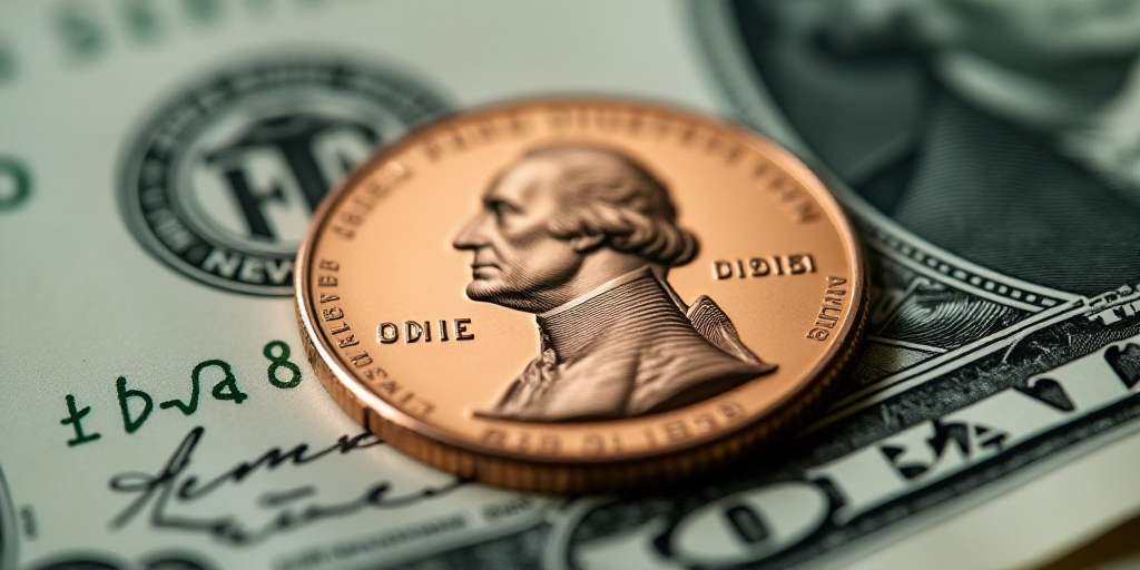 a one dollar bill with a penny on top of it, with the image of george washington on it, Charles Frem