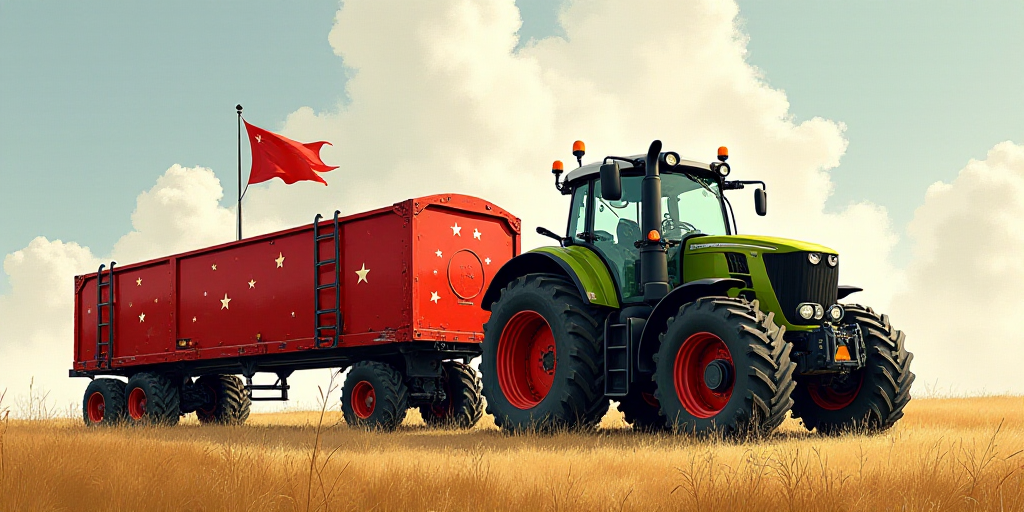 a painting of a tractor and a trailer with stars on it and a flag in the background of the painting,