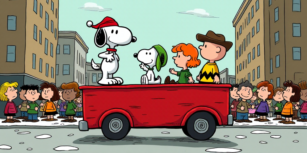 a parade float featuring a snoopy, charlie brown and the gang of people in a parade float in a city,